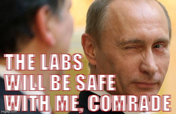 Vladimir Putin winking | THE LABS WILL BE SAFE WITH ME, COMRADE | image tagged in vladimir putin winking | made w/ Imgflip meme maker