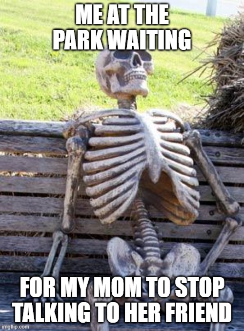 Waiting Skeleton Meme | ME AT THE PARK WAITING; FOR MY MOM TO STOP TALKING TO HER FRIEND | image tagged in memes,waiting skeleton | made w/ Imgflip meme maker