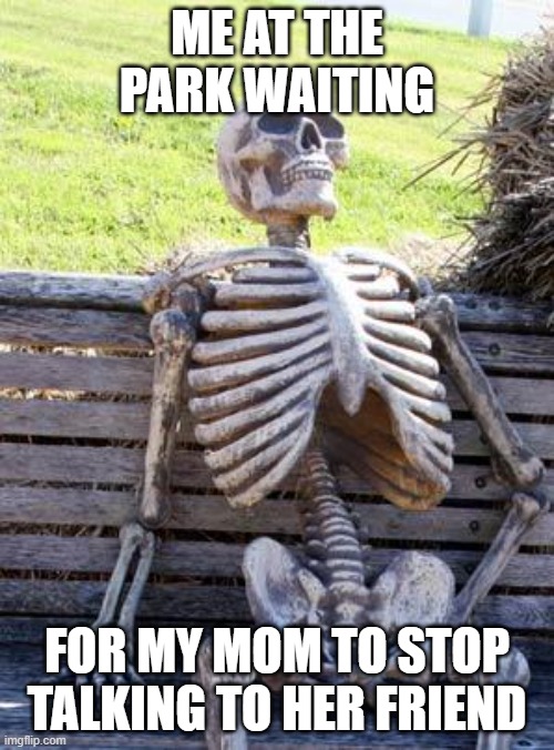 Waiting Skeleton | ME AT THE PARK WAITING; FOR MY MOM TO STOP TALKING TO HER FRIEND | image tagged in memes,waiting skeleton | made w/ Imgflip meme maker