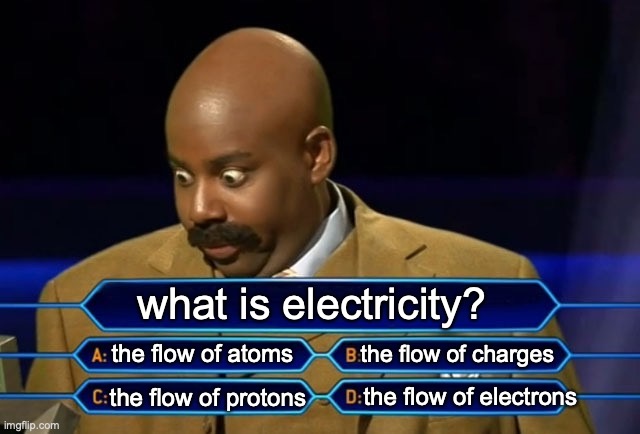 most confusing physics question ever... |  what is electricity? the flow of atoms; the flow of charges; the flow of electrons; the flow of protons | image tagged in who wants to be a millionaire,physics,electricity,confusing | made w/ Imgflip meme maker