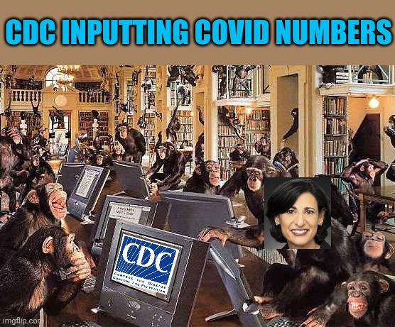 Only took them 2 years of grossly inflated deaths to figure out a coding error. Suuuuure! | CDC INPUTTING COVID NUMBERS | image tagged in monkeys on computers | made w/ Imgflip meme maker