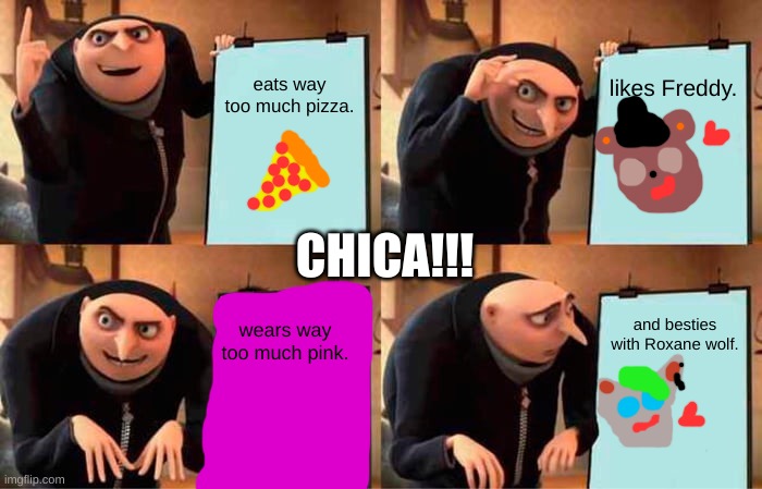 Gru's Plan Meme | eats way too much pizza. likes Freddy. CHICA!!! wears way too much pink. and besties with Roxane wolf. | image tagged in memes,gru's plan | made w/ Imgflip meme maker