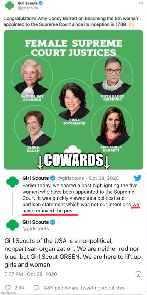 girl scout cookies aren't even made by the scouts | ↓COWARDS↓ | image tagged in girl scout cookies,girl scouts,amy coney barrett,scam,cookies,scotus | made w/ Imgflip meme maker