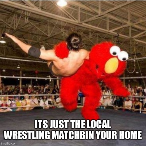 Elmo wrestling | ITS JUST THE LOCAL WRESTLING MATCHBIN YOUR HOME | image tagged in elmo wrestling | made w/ Imgflip meme maker