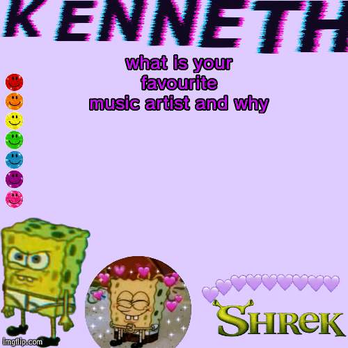 what is your favourite music artist and why | image tagged in kenneth- announcement temp | made w/ Imgflip meme maker