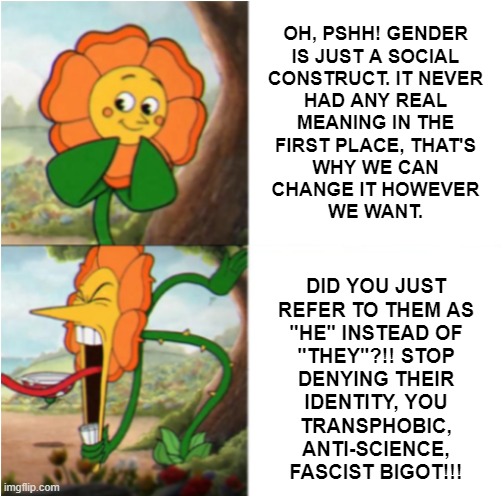 Leftist gender theory in a nutshell | OH, PSHH! GENDER
IS JUST A SOCIAL
CONSTRUCT. IT NEVER
HAD ANY REAL
MEANING IN THE
FIRST PLACE, THAT'S
WHY WE CAN
CHANGE IT HOWEVER
WE WANT. DID YOU JUST
REFER TO THEM AS
"HE" INSTEAD OF
"THEY"?!! STOP
DENYING THEIR
IDENTITY, YOU
TRANSPHOBIC,
ANTI-SCIENCE,
FASCIST BIGOT!!! | image tagged in reverse cuphead flower,gender identity,gender confusion | made w/ Imgflip meme maker
