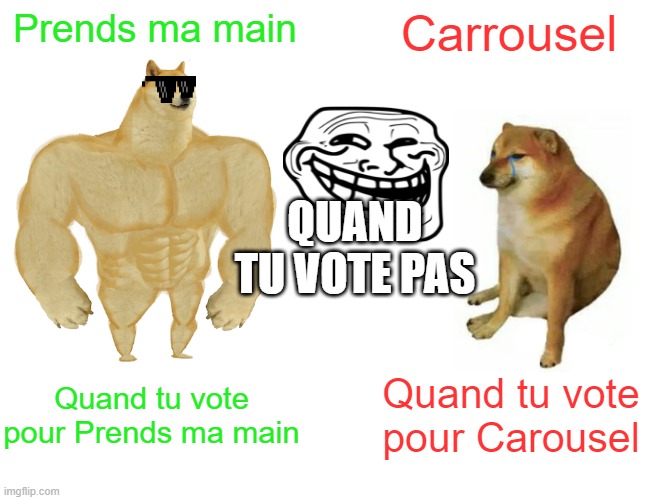 vote | Prends ma main; Carrousel; QUAND TU VOTE PAS; Quand tu vote pour Prends ma main; Quand tu vote pour Carousel | image tagged in memes,buff doge vs cheems | made w/ Imgflip meme maker