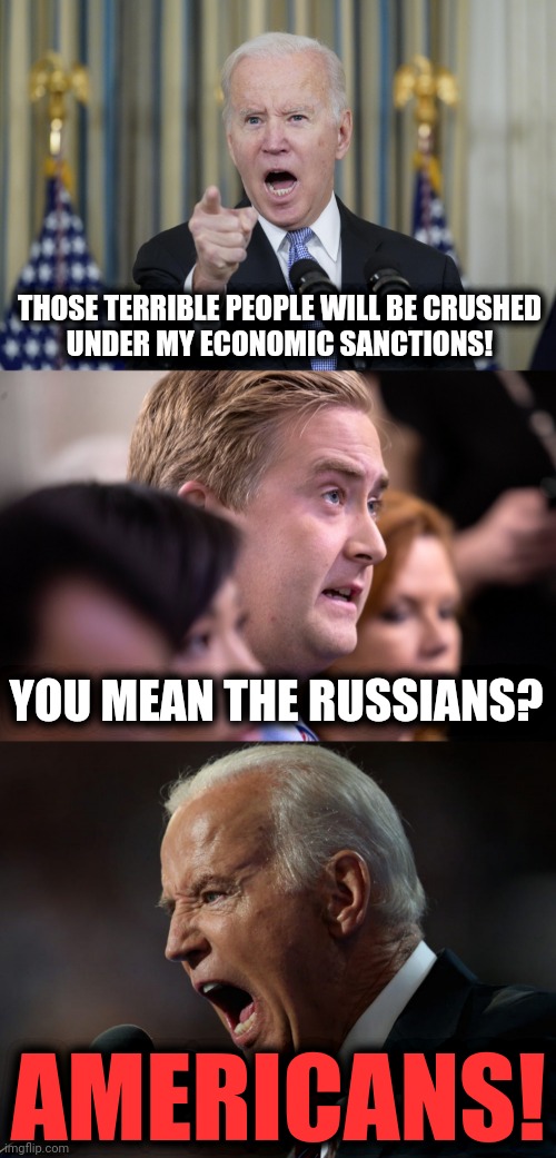 If the truth slipped out | THOSE TERRIBLE PEOPLE WILL BE CRUSHED
UNDER MY ECONOMIC SANCTIONS! YOU MEAN THE RUSSIANS? AMERICANS! | image tagged in memes,joe biden,democrats,economic sanctions,russia,americans | made w/ Imgflip meme maker