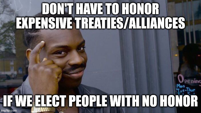 brilliant foreign policy | DON'T HAVE TO HONOR EXPENSIVE TREATIES/ALLIANCES; IF WE ELECT PEOPLE WITH NO HONOR | image tagged in memes,roll safe think about it,nato,usa,politics,smart | made w/ Imgflip meme maker