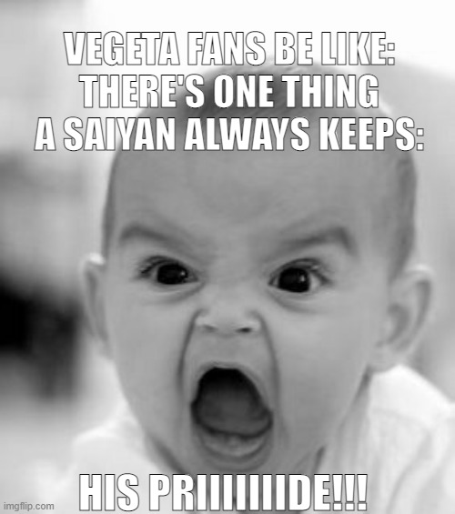Angry Baby Meme | VEGETA FANS BE LIKE:
THERE'S ONE THING A SAIYAN ALWAYS KEEPS:; HIS PRIIIIIIIDE!!! | image tagged in memes,angry baby | made w/ Imgflip meme maker