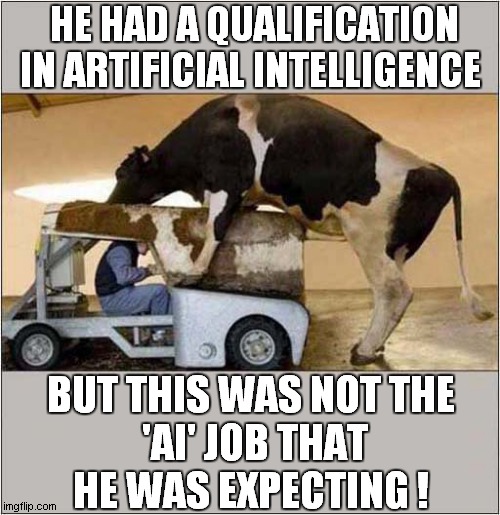 Should Have Read The Job Description ! | HE HAD A QUALIFICATION IN ARTIFICIAL INTELLIGENCE; BUT THIS WAS NOT THE
 'AI' JOB THAT HE WAS EXPECTING ! | image tagged in artificial intelligence,artificial insemination,dark humour | made w/ Imgflip meme maker