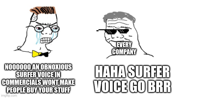 true | EVERY COMPANY; NOOOOOO AN OBNOXIOUS SURFER VOICE IN COMMERCIALS WONT MAKE PEOPLE BUY YOUR STUFF; HAHA SURFER VOICE GO BRR | image tagged in nooo haha go brrr | made w/ Imgflip meme maker