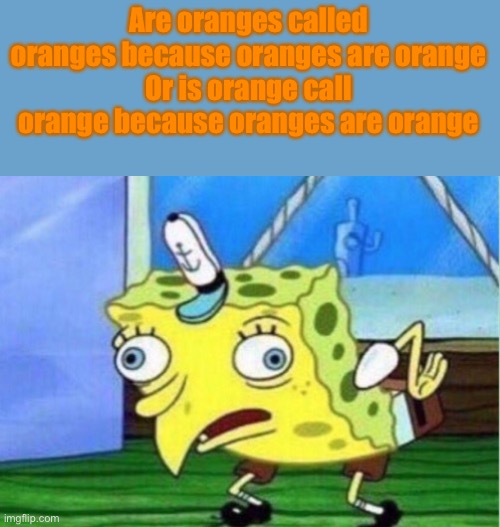 Wait, did I say orange 8 times in a sentence and it made sense | Are oranges called oranges because oranges are orange
Or is orange call orange because oranges are orange | image tagged in memes,mocking spongebob,orange,oranges | made w/ Imgflip meme maker