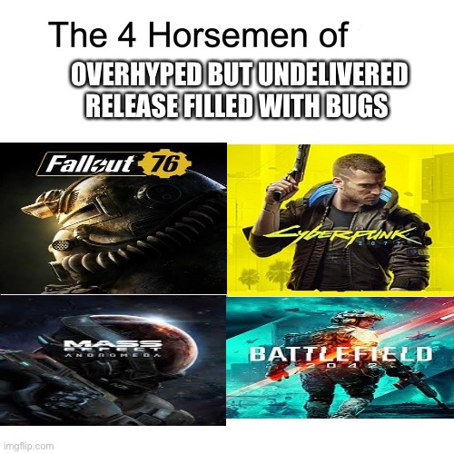 Overhyped and undelivered | OVERHYPED BUT UNDELIVERED RELEASE FILLED WITH BUGS | image tagged in four horsemen | made w/ Imgflip meme maker