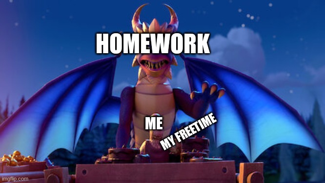 Homework Dragon | HOMEWORK; ME; MY FREETIME | image tagged in man eating cake | made w/ Imgflip meme maker