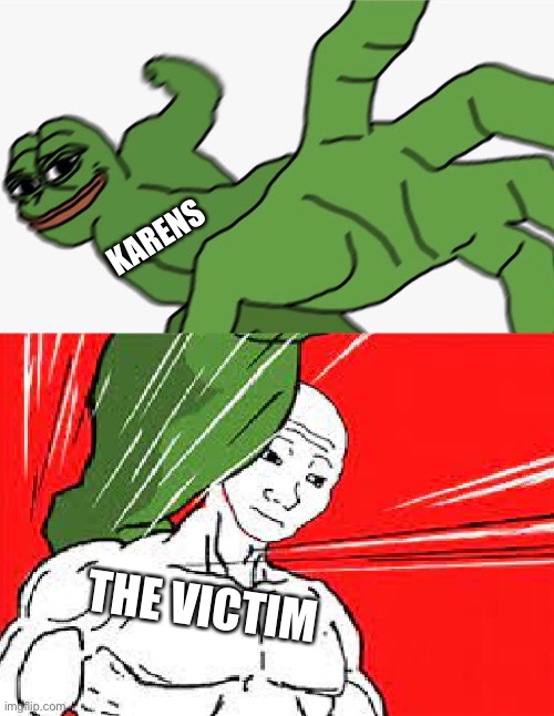 Karen VS Victim | KARENS; THE VICTIM | image tagged in pepe punch vs dodging wojak | made w/ Imgflip meme maker