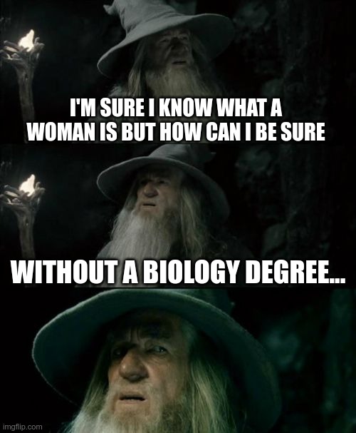 Got Science? | I'M SURE I KNOW WHAT A WOMAN IS BUT HOW CAN I BE SURE; WITHOUT A BIOLOGY DEGREE... | image tagged in memes,confused gandalf,gender identity | made w/ Imgflip meme maker