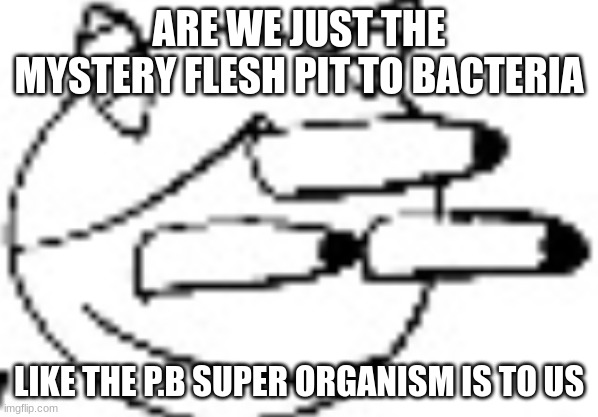 Idiot Staring | ARE WE JUST THE MYSTERY FLESH PIT TO BACTERIA; LIKE THE P.B SUPER ORGANISM IS TO US | image tagged in idiot staring | made w/ Imgflip meme maker