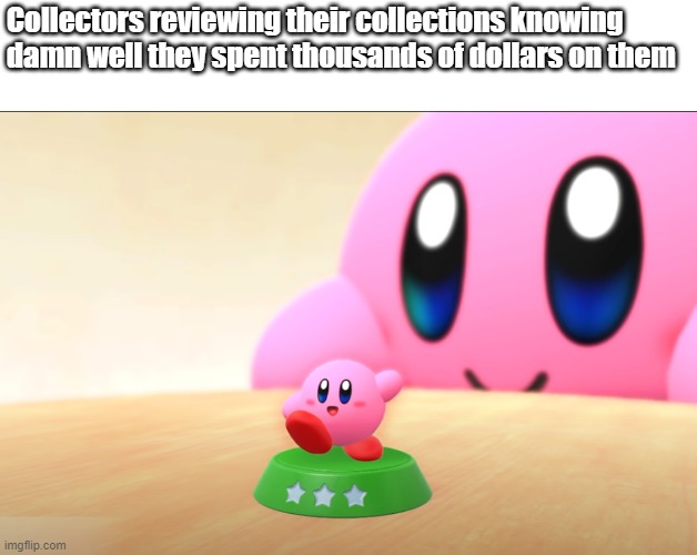 Kirby reviewing a collectible | Collectors reviewing their collections knowing damn well they spent thousands of dollars on them | image tagged in kirby | made w/ Imgflip meme maker