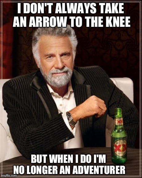 The most interesting adventurer | I DON'T ALWAYS TAKE AN ARROW TO THE KNEE BUT WHEN I DO I'M NO LONGER AN ADVENTURER | image tagged in memes,the most interesting man in the world | made w/ Imgflip meme maker