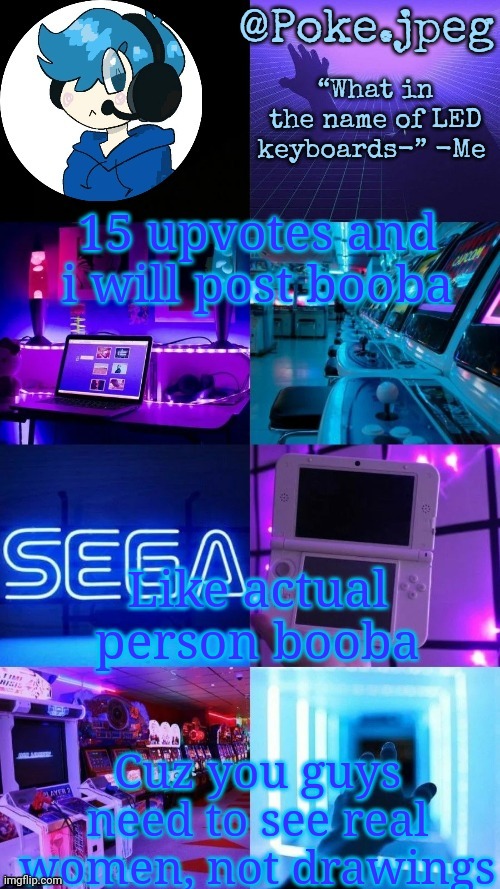 Poke's gaming temp | 15 upvotes and i will post booba; Like actual person booba; Cuz you guys need to see real women, not drawings | image tagged in poke's gaming temp | made w/ Imgflip meme maker