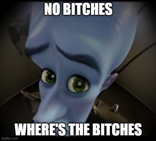 Megamind peeking | NO BITCHES WHERE'S THE BITCHES | image tagged in no bitches | made w/ Imgflip meme maker