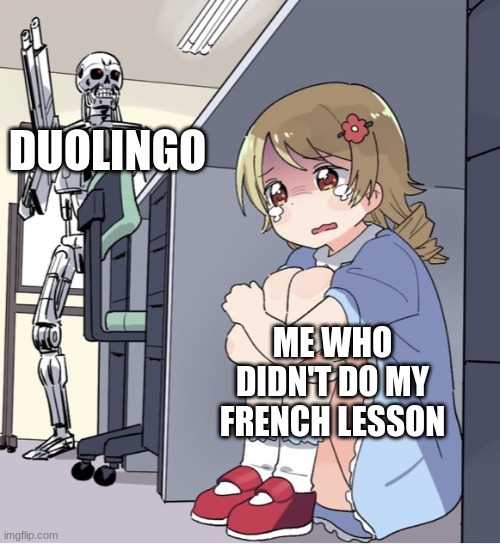 R U N | DUOLINGO; ME WHO DIDN'T DO MY FRENCH LESSON | image tagged in anime girl hiding from terminator,duolingo | made w/ Imgflip meme maker