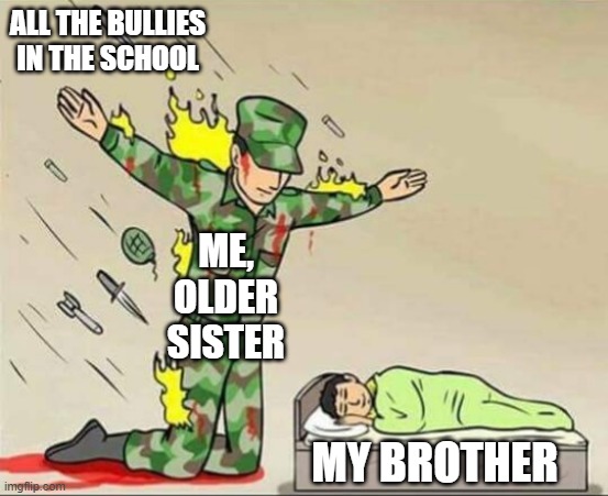 Soldier protecting sleeping child | ALL THE BULLIES IN THE SCHOOL; ME, OLDER SISTER; MY BROTHER | image tagged in soldier protecting sleeping child | made w/ Imgflip meme maker