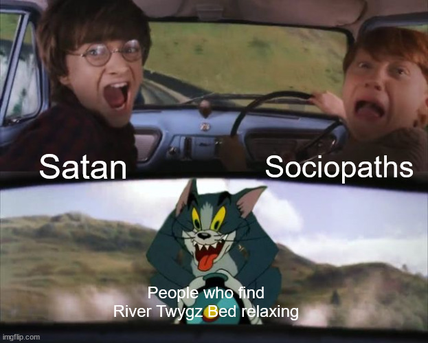 River Twygz Bed is very disturbing, even for an E rated video game | Sociopaths; Satan; People who find River Twygz Bed relaxing | image tagged in tom chasing harry and ron weasly,paper mario,dank memes,memes,funny memes | made w/ Imgflip meme maker