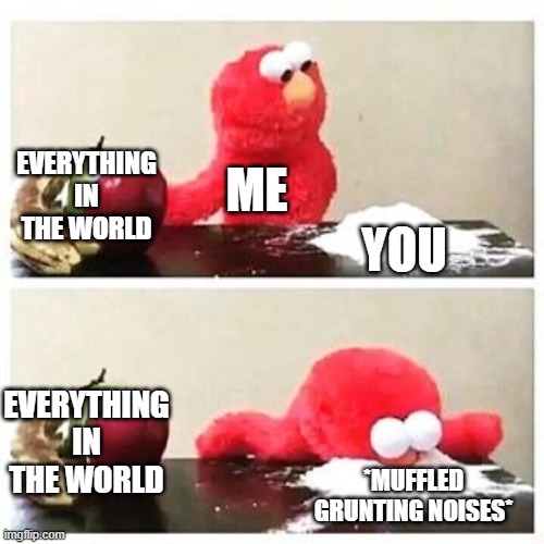 elmo cocaine | EVERYTHING IN THE WORLD; ME; YOU; EVERYTHING IN THE WORLD; *MUFFLED GRUNTING NOISES* | image tagged in elmo cocaine | made w/ Imgflip meme maker