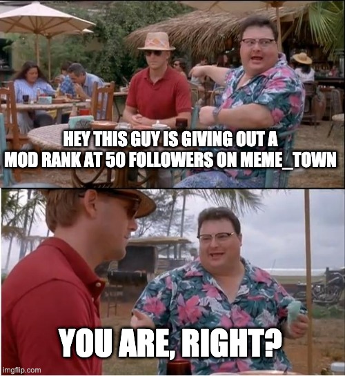 I am so you should follow (its called meme_town idk why it was capitalized in the meme) | HEY THIS GUY IS GIVING OUT A MOD RANK AT 50 FOLLOWERS ON MEME_TOWN; YOU ARE, RIGHT? | image tagged in memes,see nobody cares | made w/ Imgflip meme maker