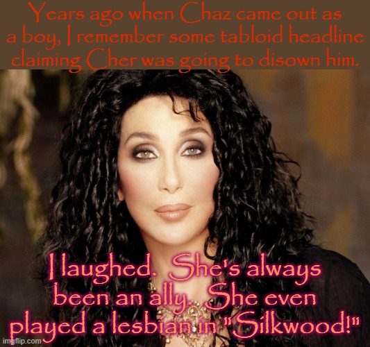 Who did they think they were fooling? |  Years ago when Chaz came out as a boy, I remember some tabloid headline claiming Cher was going to disown him. I laughed.  She's always been an ally.  She even played a lesbian in "Silkwood!" | image tagged in cher,lgbt,wholesome | made w/ Imgflip meme maker