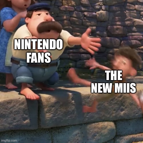 New Mii rage | NINTENDO FANS; THE NEW MIIS | image tagged in man throws child into water,mii,nintendo | made w/ Imgflip meme maker