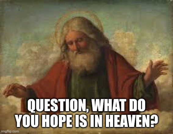 god | QUESTION, WHAT DO YOU HOPE IS IN HEAVEN? | image tagged in god | made w/ Imgflip meme maker