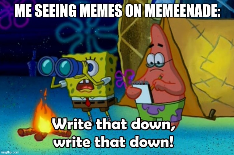 write that down | ME SEEING MEMES ON MEMEENADE: | image tagged in write that down | made w/ Imgflip meme maker
