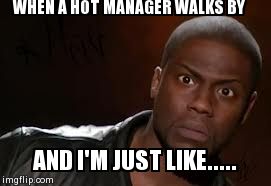 Kevin Hart Meme | WHEN A HOT MANAGER WALKS BY AND I'M JUST LIKE..... | image tagged in memes,kevin hart the hell | made w/ Imgflip meme maker