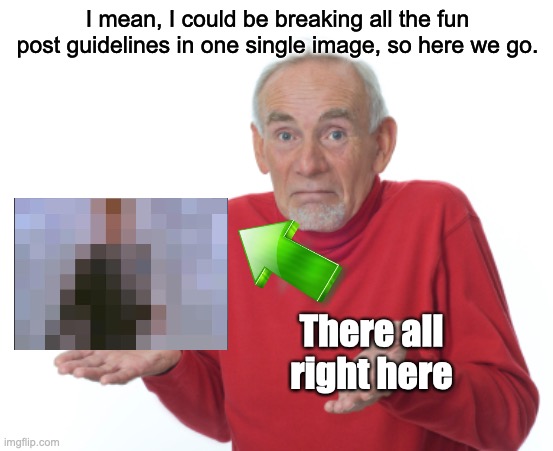 oh well... (by the way guess the pixelated image) | I mean, I could be breaking all the fun post guidelines in one single image, so here we go. There all right here | image tagged in guess i'll die,funny,memes | made w/ Imgflip meme maker
