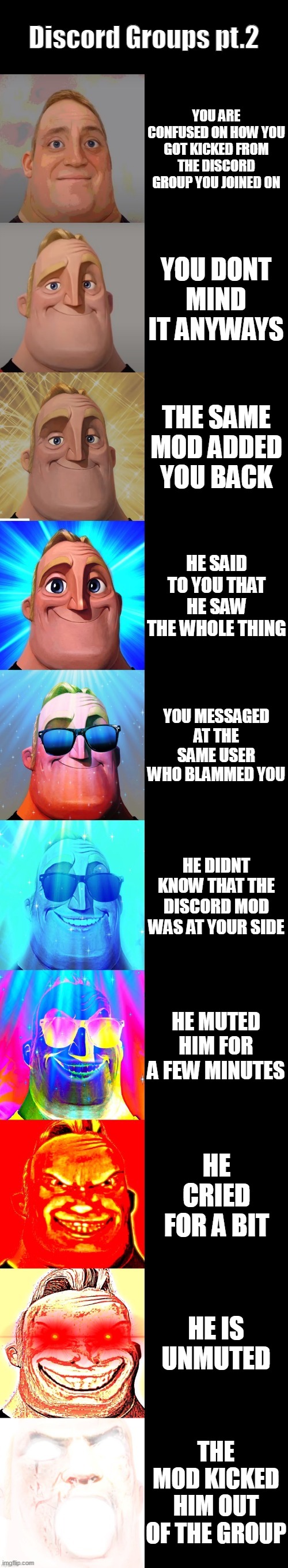 mr incredible becoming canny | Discord Groups pt.2; YOU ARE CONFUSED ON HOW YOU GOT KICKED FROM THE DISCORD GROUP YOU JOINED ON; YOU DONT MIND IT ANYWAYS; THE SAME MOD ADDED YOU BACK; HE SAID TO YOU THAT HE SAW THE WHOLE THING; YOU MESSAGED AT THE SAME USER WHO BLAMMED YOU; HE DIDNT KNOW THAT THE DISCORD MOD WAS AT YOUR SIDE; HE MUTED HIM FOR A FEW MINUTES; HE CRIED FOR A BIT; HE IS UNMUTED; THE MOD KICKED HIM OUT OF THE GROUP | image tagged in mr incredible becoming canny | made w/ Imgflip meme maker