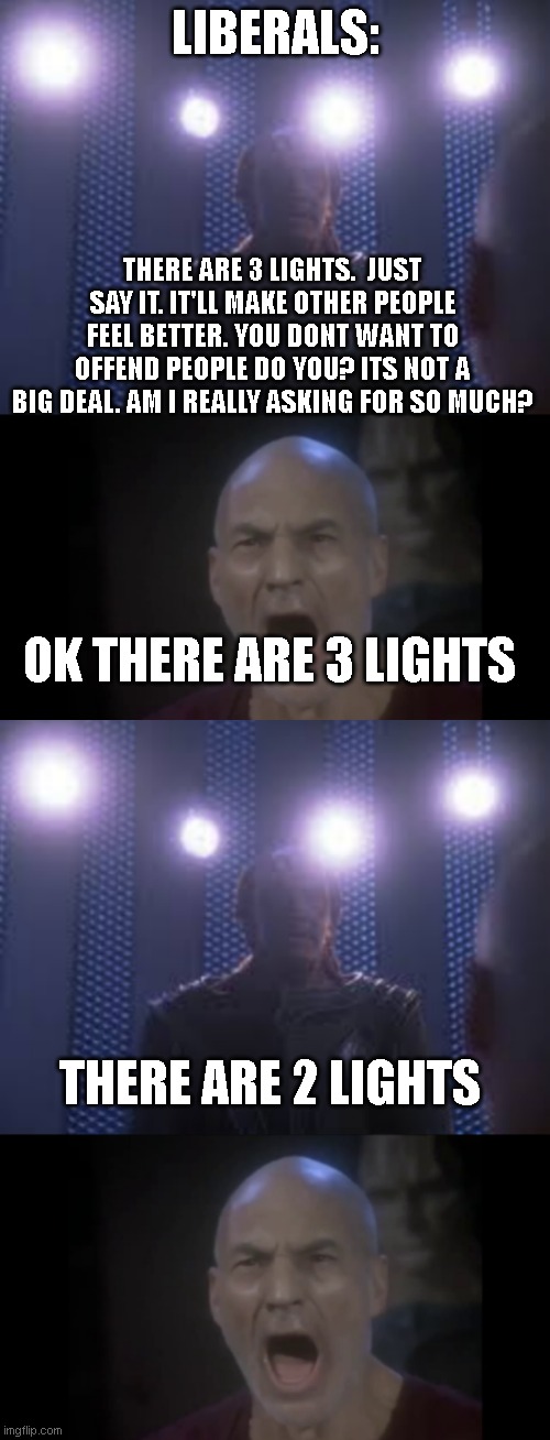 LIBERALS:; THERE ARE 3 LIGHTS.  JUST SAY IT. IT'LL MAKE OTHER PEOPLE FEEL BETTER. YOU DONT WANT TO OFFEND PEOPLE DO YOU? ITS NOT A BIG DEAL. AM I REALLY ASKING FOR SO MUCH? OK THERE ARE 3 LIGHTS; THERE ARE 2 LIGHTS | image tagged in 4 lights | made w/ Imgflip meme maker