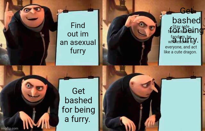 Fixed it | Get bashed for being a furry. Find out im an asexual furry; Stay safe for work in the fandom, be wholesome to everyone, and act like a cute dragon. Get bashed for being a furry. | image tagged in memes,gru's plan,furry,asexual | made w/ Imgflip meme maker