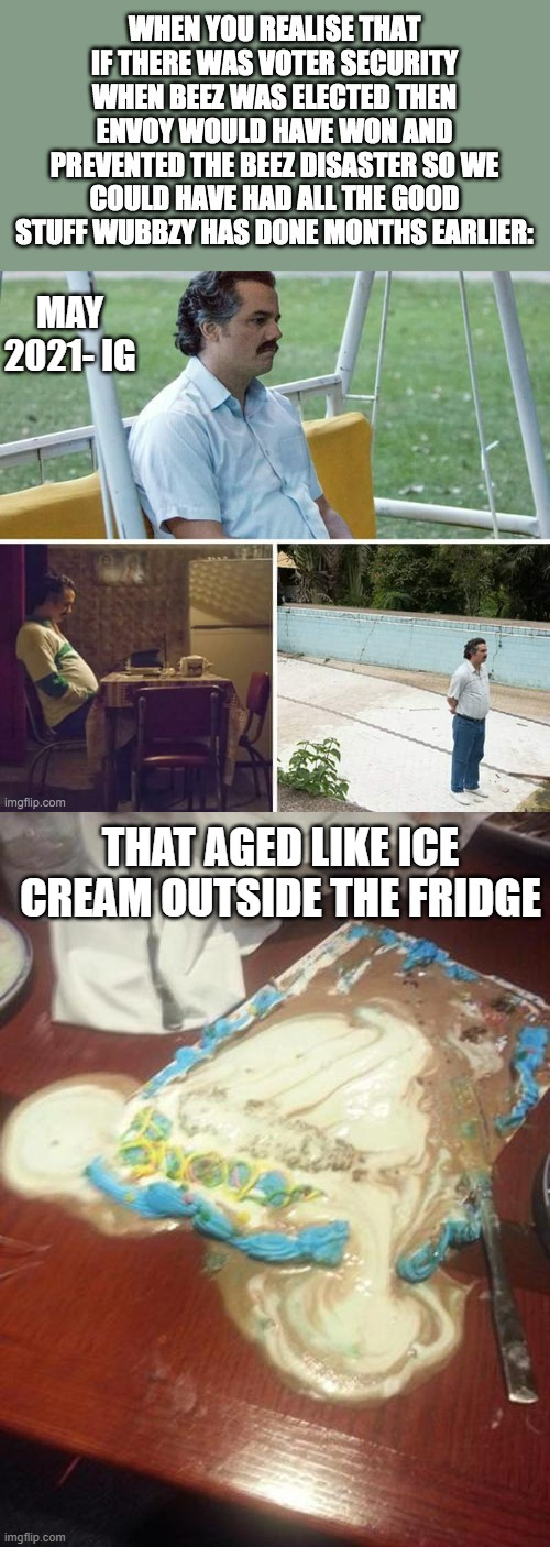 What went wrong in less than a span of a year? | MAY 2021- IG; THAT AGED LIKE ICE CREAM OUTSIDE THE FRIDGE | image tagged in melted ice cream cake,aged | made w/ Imgflip meme maker