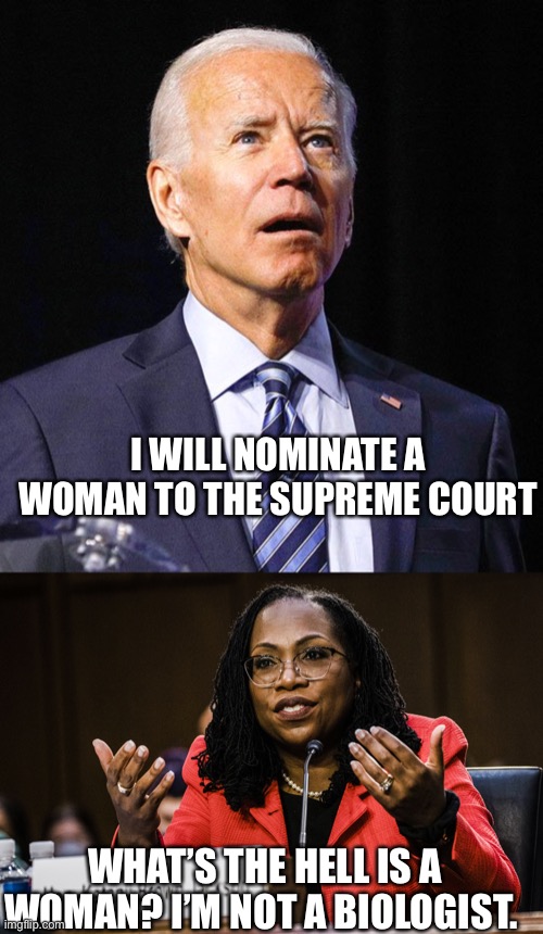 I WILL NOMINATE A WOMAN TO THE SUPREME COURT; WHAT’S THE HELL IS A WOMAN? I’M NOT A BIOLOGIST. | image tagged in joe biden,ketanji brown jackson | made w/ Imgflip meme maker