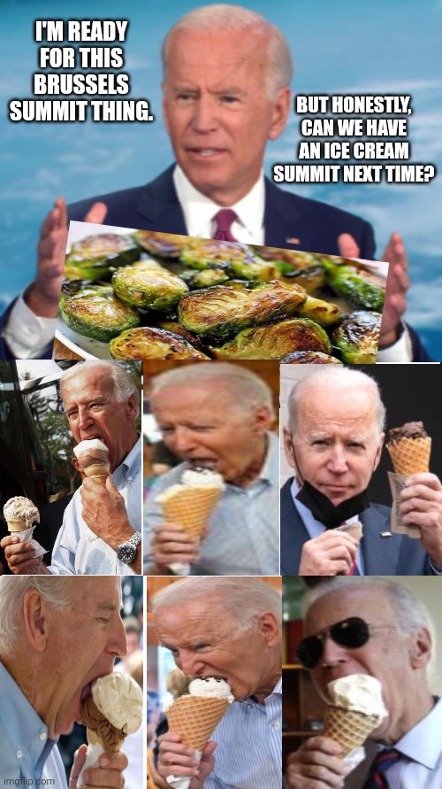 Biden Requests To Follow Up Brussels Summit With Ice Cream Summit | I'M READY FOR THIS BRUSSELS SUMMIT THING. BUT HONESTLY, CAN WE HAVE AN ICE CREAM SUMMIT NEXT TIME? | image tagged in biden,brussels,summit,ice cream | made w/ Imgflip meme maker