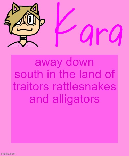 Kara temp | away down south in the land of traitors rattlesnakes and alligators | image tagged in kara temp | made w/ Imgflip meme maker