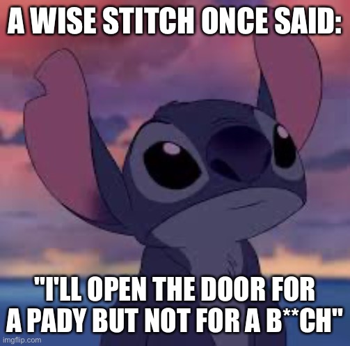 stitch | A WISE STITCH ONCE SAID:; "I'LL OPEN THE DOOR FOR A PADY BUT NOT FOR A B**CH" | image tagged in stitch | made w/ Imgflip meme maker