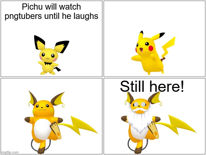 How long has he been there? | Pichu will watch pngtubers until he laughs; Still here! | image tagged in memes,blank comic panel 2x2,pokemon,pichu,pngtubers,why are you reading this | made w/ Imgflip meme maker