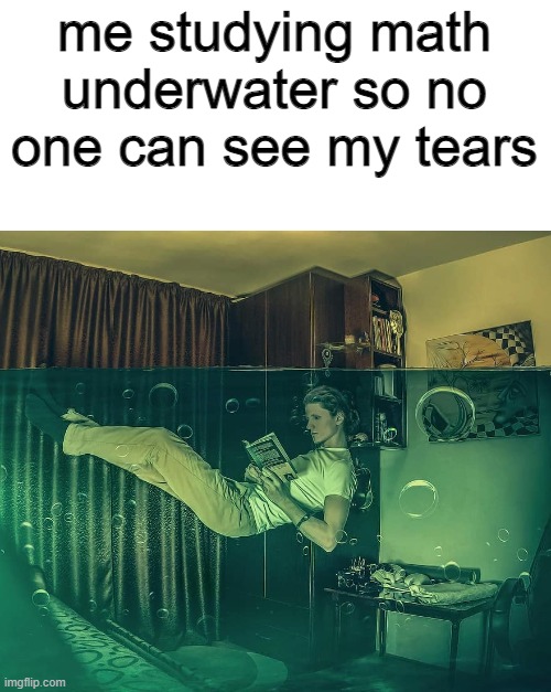 sad | me studying math underwater so no one can see my tears | image tagged in funny,funny memes,water | made w/ Imgflip meme maker
