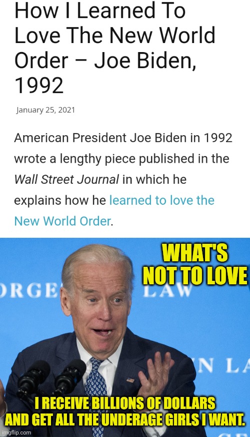The New World Order gonna be a pedos paradise | WHAT'S NOT TO LOVE; I RECEIVE BILLIONS OF DOLLARS AND GET ALL THE UNDERAGE GIRLS I WANT. | image tagged in joe biden,new world order,pedophiles,paradise | made w/ Imgflip meme maker