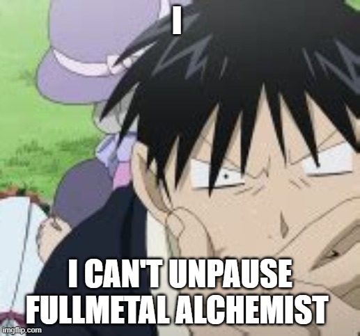 Roy Mustang | I; I CAN'T UNPAUSE FULLMETAL ALCHEMIST | image tagged in roy mustang | made w/ Imgflip meme maker