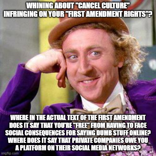 Don't Want To Get "Canceled"? Don't Say Dumb Stuff Online. It's Called "Personal Responsibility". | WHINING ABOUT "CANCEL CULTURE" INFRINGING ON YOUR "FIRST AMENDMENT RIGHTS"? WHERE IN THE ACTUAL TEXT OF THE FIRST AMENDMENT
DOES IT SAY THAT YOU'RE "FREE" FROM HAVING TO FACE
SOCIAL CONSEQUENCES FOR SAYING DUMB STUFF ONLINE?
WHERE DOES IT SAY THAT PRIVATE COMPANIES OWE YOU
A PLATFORM ON THEIR SOCIAL MEDIA NETWORKS? | image tagged in willy wonka blank,cancel culture,responsibility,conservative hypocrisy,conservative logic,free speech | made w/ Imgflip meme maker